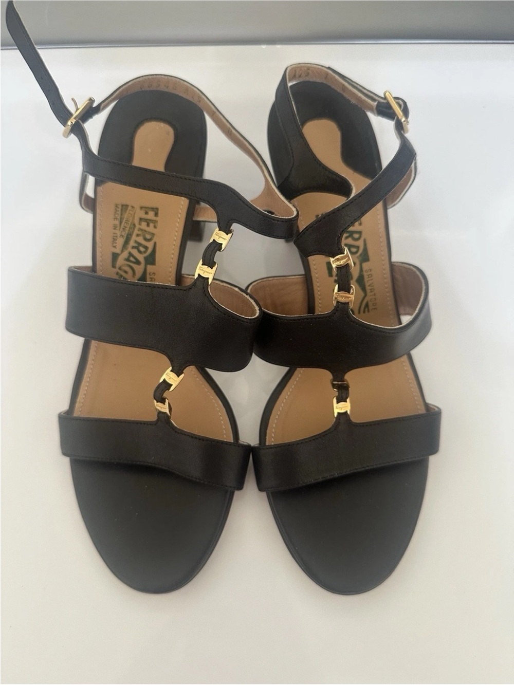 Salvatore Ferragamo Gancini Black Leather Block Heel Sandals 8.5